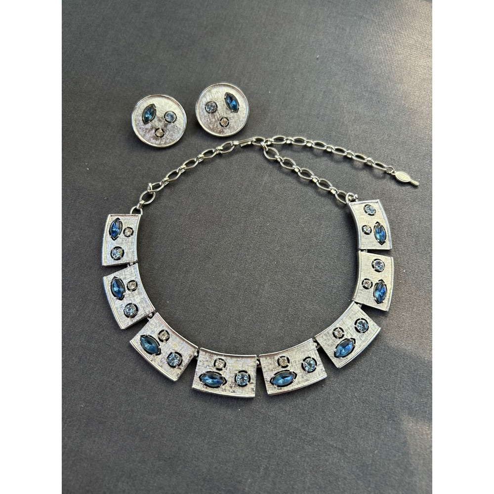 Sarah Coventry Vintage Blue Rhinestone Brushed Silver Tone Necklace Earring Set